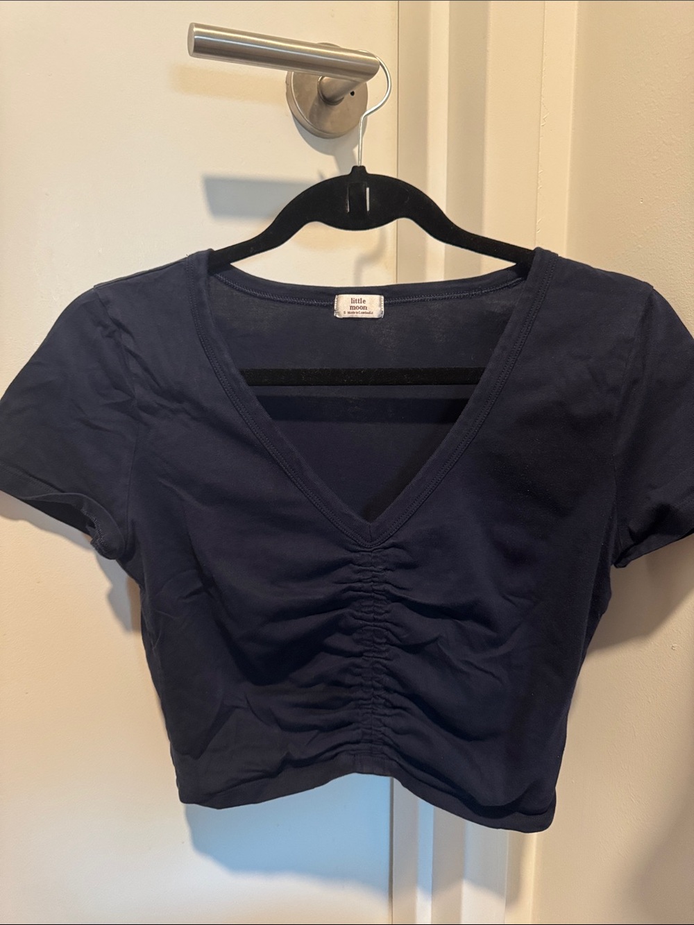 Little Moon Navy Ruched V-Neck Short Sleeve Crop Top